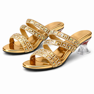 Gold Embellished Heeled Sandals with Decorative Strap Design
